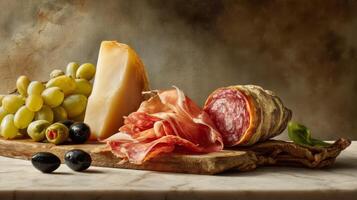 Delicious Charcuterie Board with Assorted Meats Cheese Grapes and Olives on Rustic Wooden Cutting Board photo