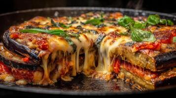 Savory Eggplant Lasagna with Melting Cheese and Fresh Basil in Skillet on Dark Background photo