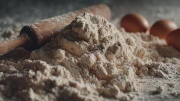 Ingredients for Baking with Flour and Eggs on a Kitchen Surface Surrounded by a Rolling Pin and Dusty Flour Pile photo