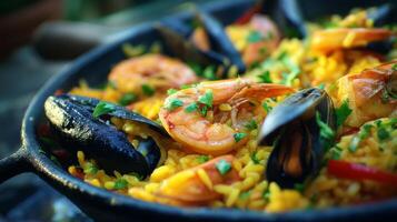 Vibrant seafood paella with shrimp and mussels served in cast iron skillet garnished with fresh herbs and spices photo