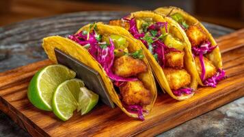 Deliciously Fresh Tacos with Crispy Fish, Vibrant Vegetables, and Lime Wedges on Rustic Wooden Platter photo