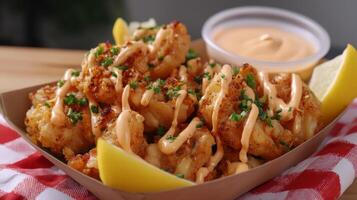 Crispy Fried Shrimp with Spicy Sauce and Lemon Wedges on Wooden Platter, Perfect for Seafood Lovers and Gourmet Dishes photo