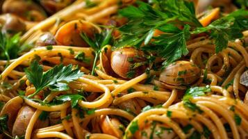 Delicious spaghetti with clams and fresh parsley showcasing a mouthwatering seafood dish ideal for culinary photography photo