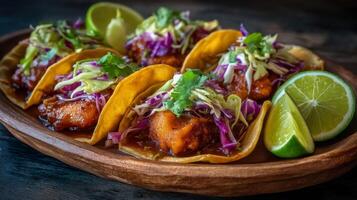 Vibrant Street Tacos with Fresh Fish, Cabbage Slaw, and Lime on Rustic Wooden Platter photo