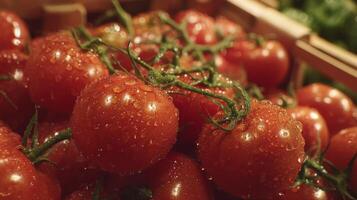 Fresh Red Tomatoes with Water Droplets in a Wooden Basket, Showcasing Natural Glossy Texture and Vibrant Color photo