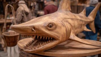 Realistic Wooden Shark Sculpture with Intricate Details and Dramatic Expression in Creative Workshop Setting photo
