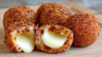 Golden Crispy Cheese Balls with Melting Center on Wooden Board for Appetizing Snack or Party Platter Inspiration photo