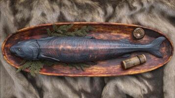 Realistic depiction of a fish displayed on a wooden platter with decorative elements, set on a textured fur background photo