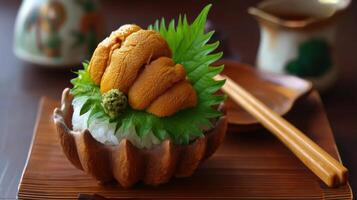 Fresh and Delicious Sushi with Sea Urchin Topping on Rice Garnished with Green Shiso Leaves and Wasabi photo