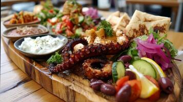Vibrant Mediterranean Feast Platter with Grilled Octopus, Fresh Vegetables, and Flavorful Dips Served on Rustic Wooden Board photo