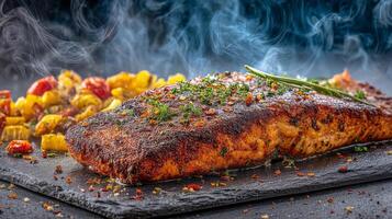 Deliciously Grilled Salmon Fillet with Fresh Herbs and Colorful Vegetables on a Dark Slate Plate with Smoky Background photo