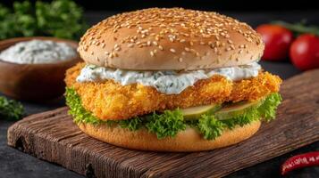 Crispy fried fish burger with sesame seed bun, fresh lettuce, pickles, and creamy sauce on wooden board photo