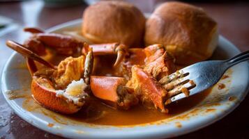Delicious Seafood Feast with Fresh Crab Claws and Soft Buns on a Plate with Rich Sauce and Fork Ready to Eat photo