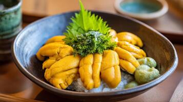 Fresh Uni Sashimi on Bed of Rice with Green Garnish and Wasabi Served in Elegant Bowl for Gourmet Dining Experience photo