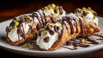 Delicious cannoli filled with creamy ricotta and topped with chocolate chips and pistachios on a rustic plate photo