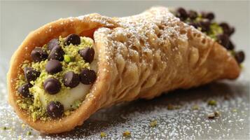 Delicious Cannoli Filled with Cream, Chocolate Chips, and Pistachio Toppings on a Light Dessert Background photo