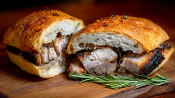 Juicy Pork Sandwich on Crusty Bread Garnished with Fresh Rosemary on Wooden Cutting Board photo