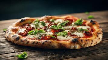 Delicious freshly baked pizza with mozzarella cheese, basil leaves, and pepperoni on rustic wooden table, ideal for food photography photo