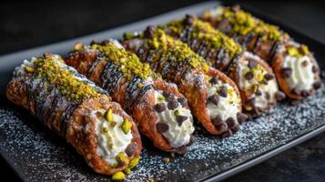 Delicious Cannoli Filled with Sweet Cream and Topped with Chocolate Chips and Pistachios on a Dark Plate photo