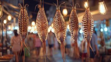 Hanging seafood display at a vibrant night market showcasing fresh squid with unique patterns and warm ambient lighting photo