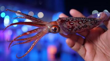 Close-Up of a Vibrant Squid Displayed by a Hand Against a Colorful Background of Lights photo