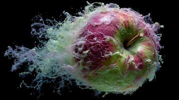 Dynamic Splash of Fresh Apple Surrounded by Colorful Water Splashes Against Black Background photo