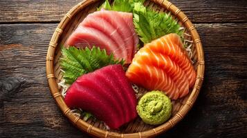 Freshly Prepared Assorted Sushi on a Bamboo Plate with Wasabi and Green Garnish Highlighting Vibrant Colors and Textures photo
