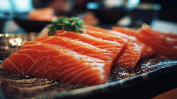 Freshly Sliced Salmon Fillets Ready to Serve on a Stylish Plate with Vibrant Garnish and Japanese Dining Ambiance photo
