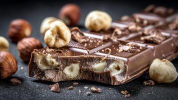 Smooth chocolate bar with crunchy hazelnuts scattered on a dark background, perfect for dessert or snack photography photo