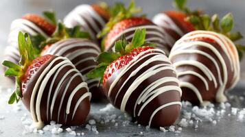 Delicious chocolate covered strawberries with white drizzle on a rustic background sprinkled with sea salt photo