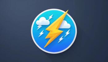 Stylish weather icon featuring a bright lightning bolt against a blue and gray background with clouds and dramatic lightning symbols photo