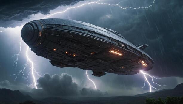 Futuristic spacecraft hovering in a stormy sky with dramatic lightning illuminating a dark and moody landscape photo