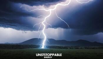 Majestic Lightning Strike Illuminating Dark Clouds Over Serene Landscape with Mountains in Background photo