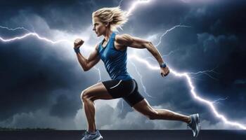 poderoso hembra atleta en movimiento debajo dramático relámpago cielo capturar el esencia de fuerza y determinación foto