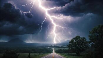 Dramatic Lightning Strikes Over Open Road under Stormy Sky with Dark Clouds and Distant Mountains in Background photo