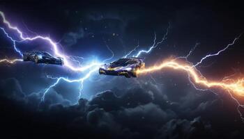 Dynamic Lightning Battle Between Two Futuristic Sports Cars in a Dark Stormy Atmosphere photo