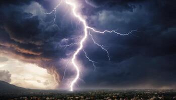 Dramatic Lightning Strike Illuminates Dark Clouds Over Cityscape at Dusk, Capturing Nature's Raw Power and Energy photo