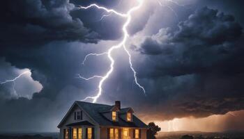 Dramatic Lightning Strikes Over House Amidst Dark Storm Clouds and Raging Storm in Evening Sky with Illuminated Windows photo