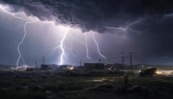 Dramatic Lightning Strikes Over a Town Under Dark Storm Clouds at Night with Visible Power Lines and Machinery photo