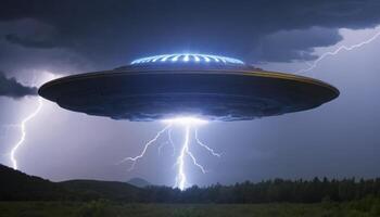 Futuristic UFO in Stormy Sky with Lightning and Dark Clouds Above Mountain Landscape photo