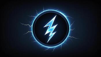 Dynamic Electric Thunderbolt Icon with Bright Blue Glow and Radiating Lightning Effects on Dark Background photo