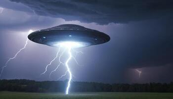 Mysterious UFO Encounter in Dark Stormy Sky with Lightning Strikes and Electric Atmosphere photo