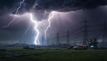 Dramatic Lightning Strikes over Power Lines and Vehicles in a Dark Stormy Landscape with Ominous Clouds Above photo
