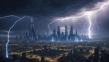 Dramatic Thunderstorm Over a Futuristic Cityscape with Lightning and Dark Clouds Illuminating the Skyline at Night photo
