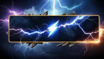 Dynamic Lightning Bolt Surrounded by Stormy Clouds and Cracked Ground in Dramatic Evening Sky photo