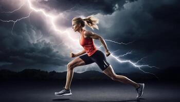 atlético mujer corriendo en Tormentoso clima con relámpago en antecedentes representando fortaleza, determinación, y al aire libre aptitud foto