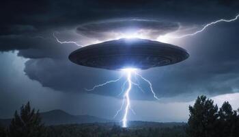 Dramatic UFO Encounter with Lightning Under Dark Stormy Clouds Over a Scenic Landscape photo