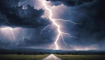 Dramatic Thunderstorm Over Open Road with Lightning Striking Dark Clouds and Foreboding Sky at Dusk photo