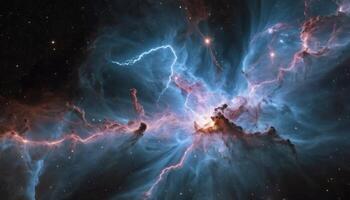 Stunning Cosmic Nebula with Vibrant Colors and Electric Blue Lightning in Deep Space photo