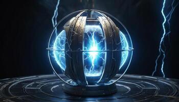 Futuristic Energy Sphere with Electric Glow in a Dark Environment for Science and Technology Concepts photo